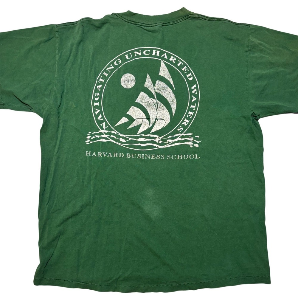 Oneita Harvard‎ Business School T-Shirt Mens Large Green Distressed 90s Vintage